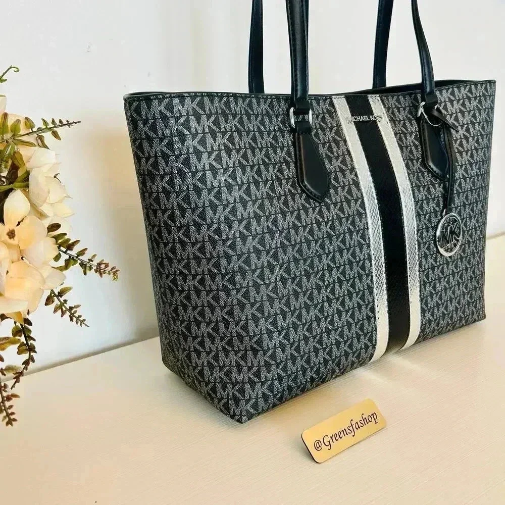 Michael Kors Sheila Large Signature Logo and Metallic Tote Bag Black - Picture 3 of 10